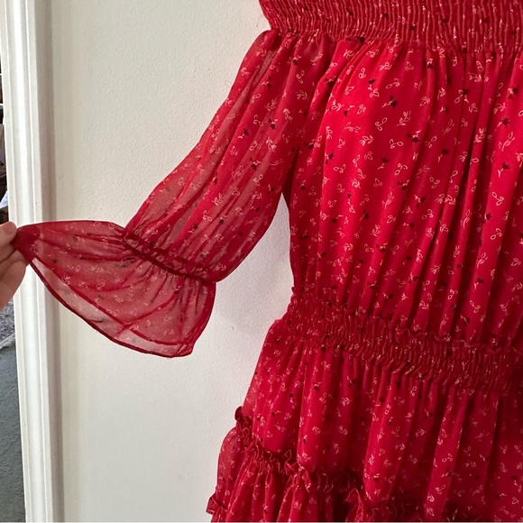 Misa Los Angeles Darla Red Floral Off Shoulder Tiered Ruffle Mini Dress L (JJ) - Picture 3 of 7